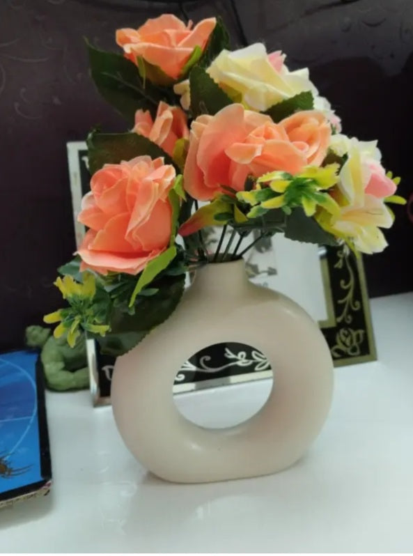 Elegant Beige Donut Ceramic Vase - Modern Ring Shape